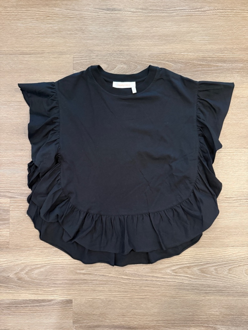 See By Chloé Black Ruffle Sleeve Short-Sleeve Top